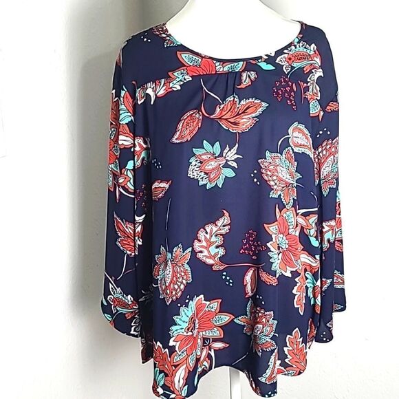 Van Heusen Navy, Red & Teal Floral Top, Size XL - Picture 1 of 8
